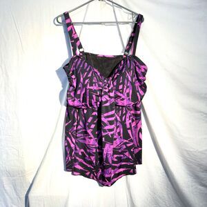 SWIMSUITS FOR ALL Tankini Top in Palm Purple Black Padded Sz 26 Adjustable
